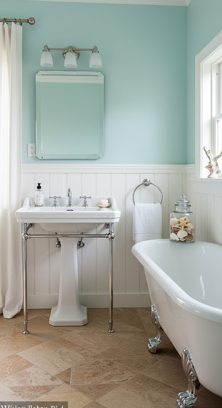 Klassieke badkamer met lichtblauwe muren, witte lambrisering en vrijstaand bad.