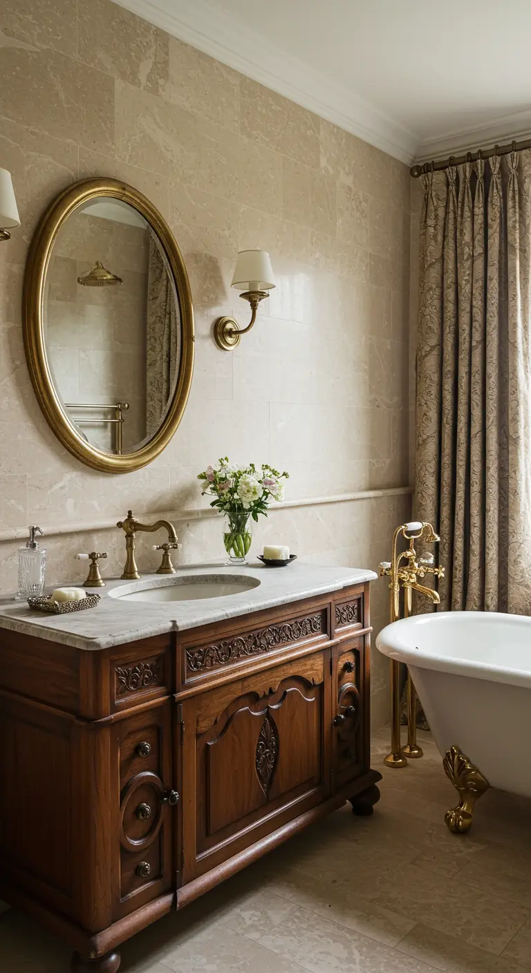 Klassieke badkamer met antiek houten meubel, marmeren blad, messing kranen en ovale spiegel.