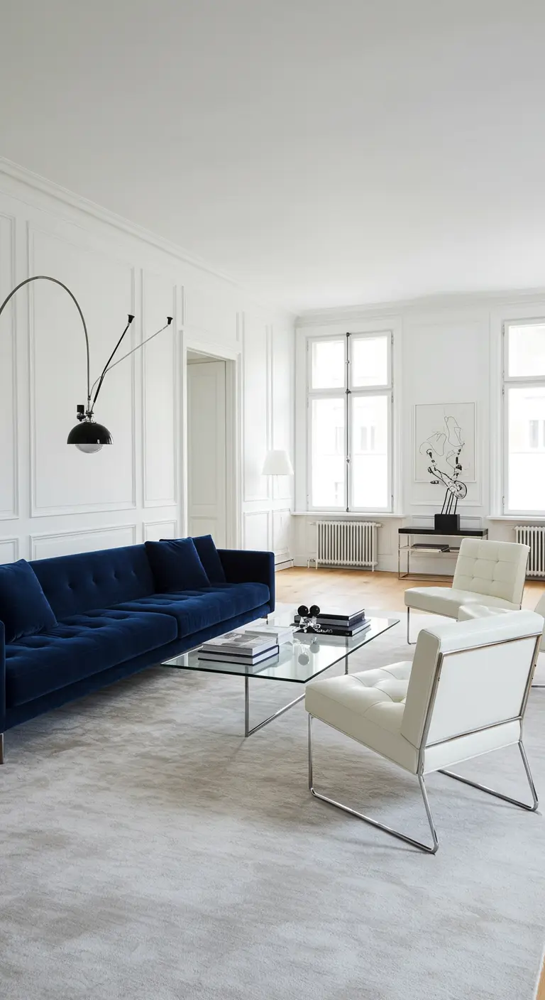 Klassieke witte woonkamer met lambrisering, blauwe fluwelen bank en glazen salontafel.