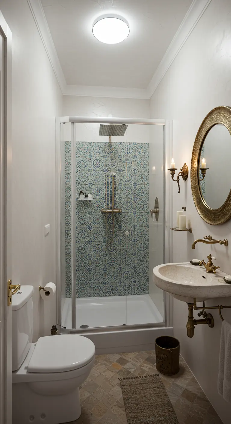 Compacte badkamer met blauw-groen mozaïek in douche, ronde spiegel en messing kranen