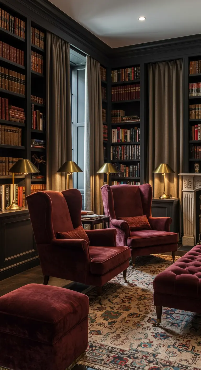 Rode fluwelen fauteuils in een sfeervolle, donkere studeerkamer met boekenkasten.