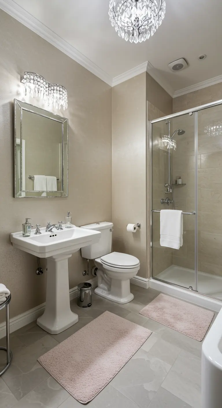 Klassieke badkamer met beige geverfde muren, witte wastafel op zuil en chromen details.