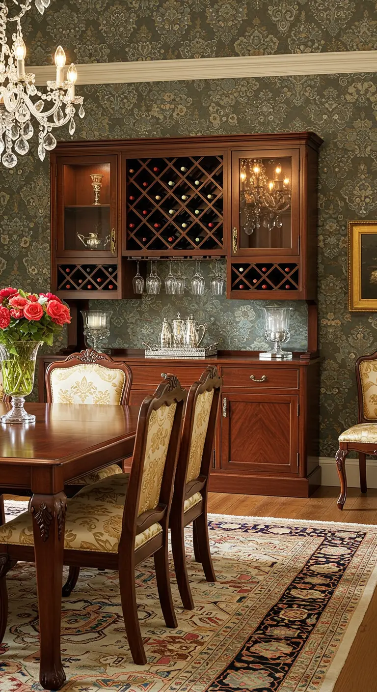 Klassieke donkerhouten buffetkast met ingebouwde wijnrekken, glashouders en vitrinedeuren in een elegante eetkamer.