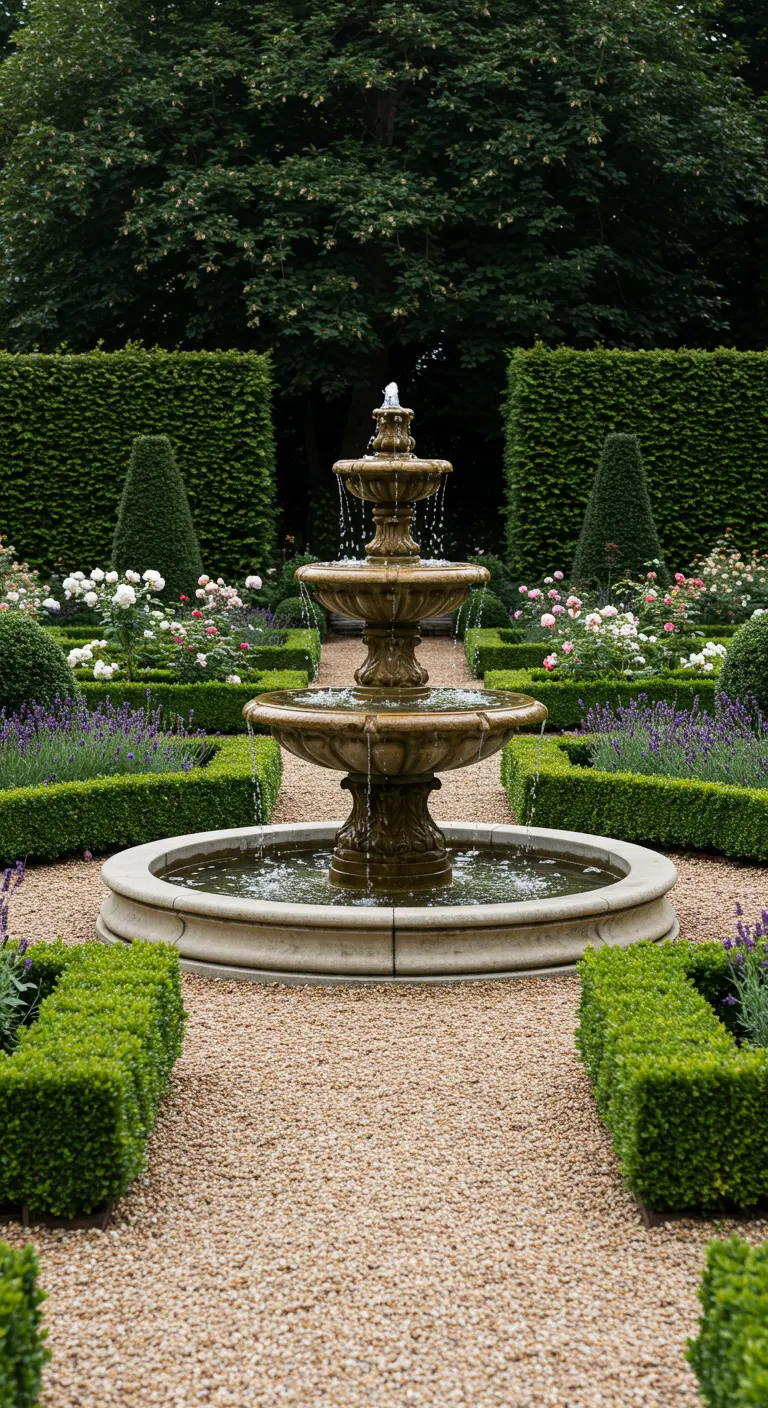 Grote, klassieke gelaagde fontein in een formele tuin.