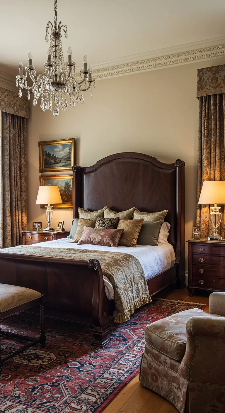 Klassiek mahoniehouten sleigh bed (sledebed) in een traditionele slaapkamer.