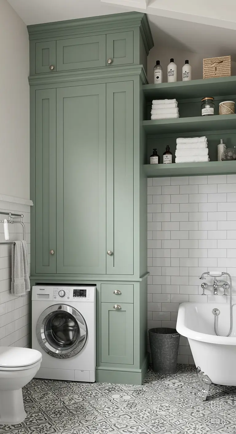 Wasmachine in een hoge saliegroene kast in een klassieke badkamer met vrijstaand bad.