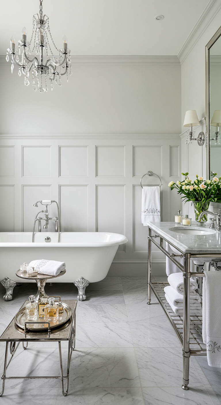 Klassieke badkamer met kroonluchter en vrijstaand bad op pootjes.