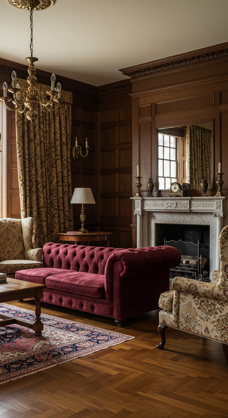 Klassieke woonkamer met rode fluwelen Chesterfield bank en donkerhouten lambrisering.
