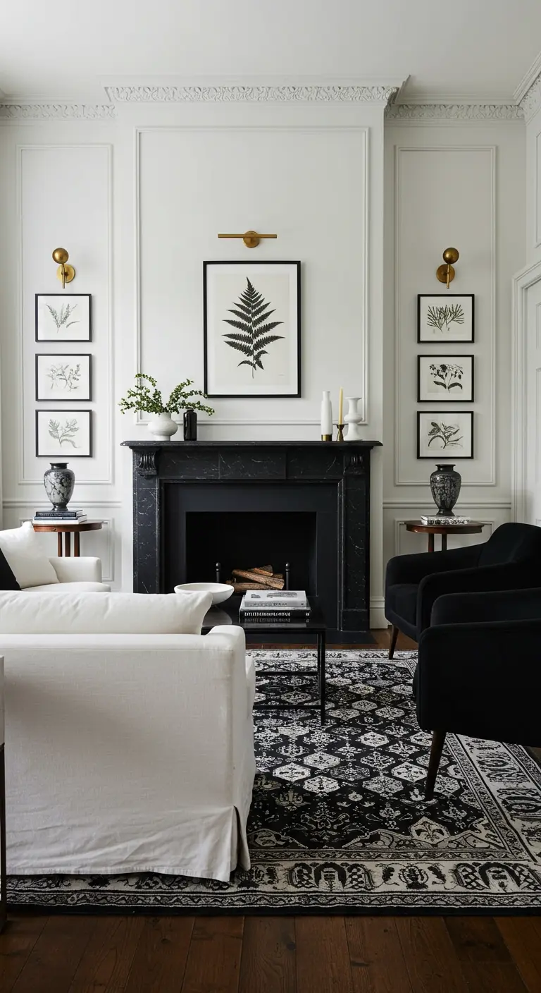 Klassieke zwart-wit woonkamer met wit lambrisering, zwarte open haard en botanische wandkunst.