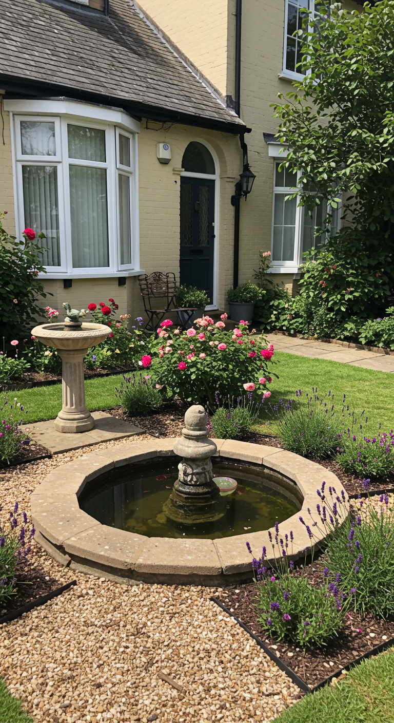 Ronde stenen minivijver met een klassiek fonteinbeeldje in een formele tuin met rozen.