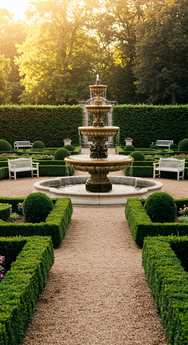 Grote klassieke fontein met meerdere lagen in een formele, groene tuin met grindpaden en banken.