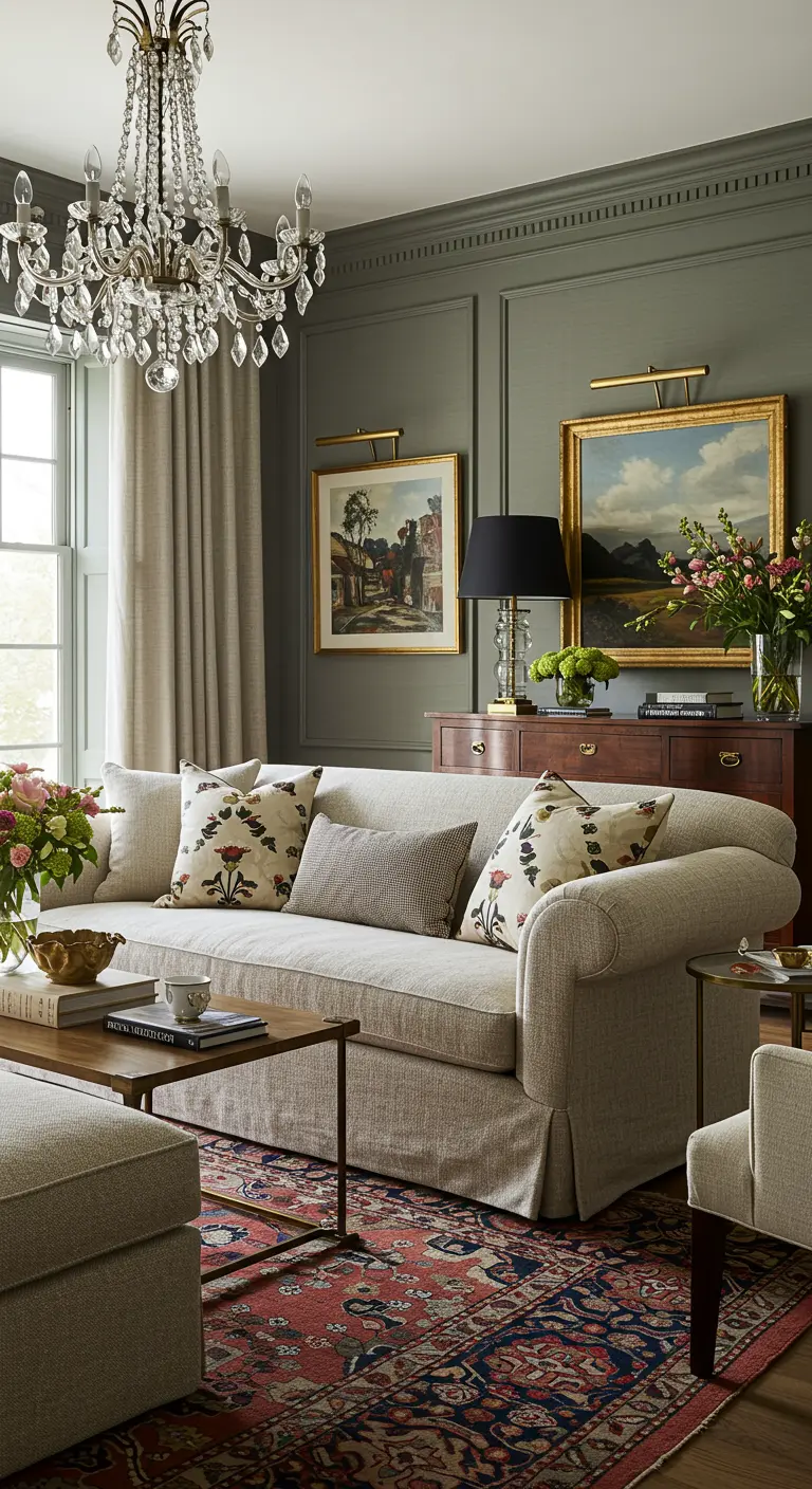 Klassiek-moderne woonkamer met groene lambrisering, bloemenkussens en kroonluchter.