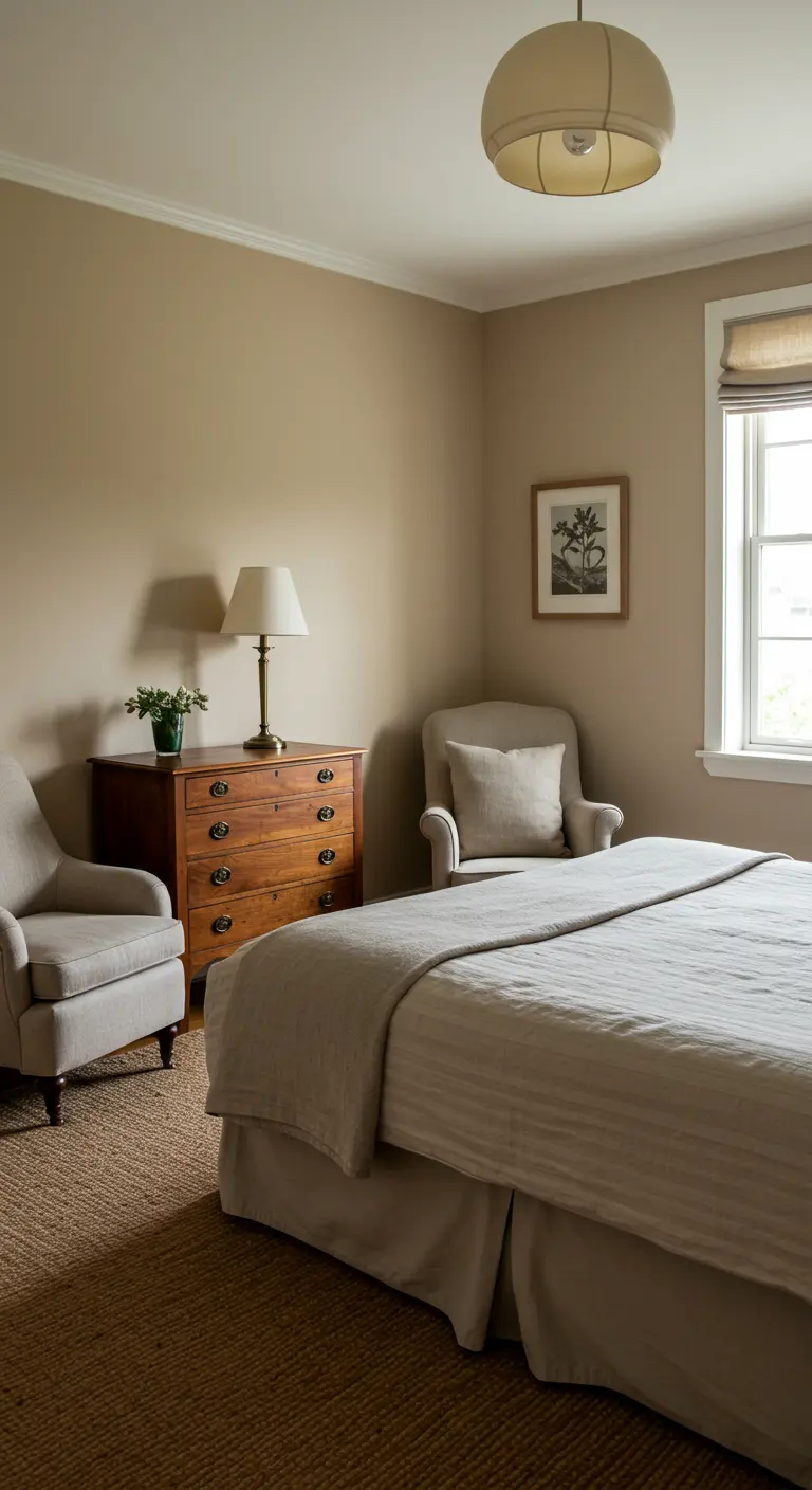 Klassieke slaapkamer met beige muren, houten ladekast, twee fauteuils, linnen beddengoed en lamp.