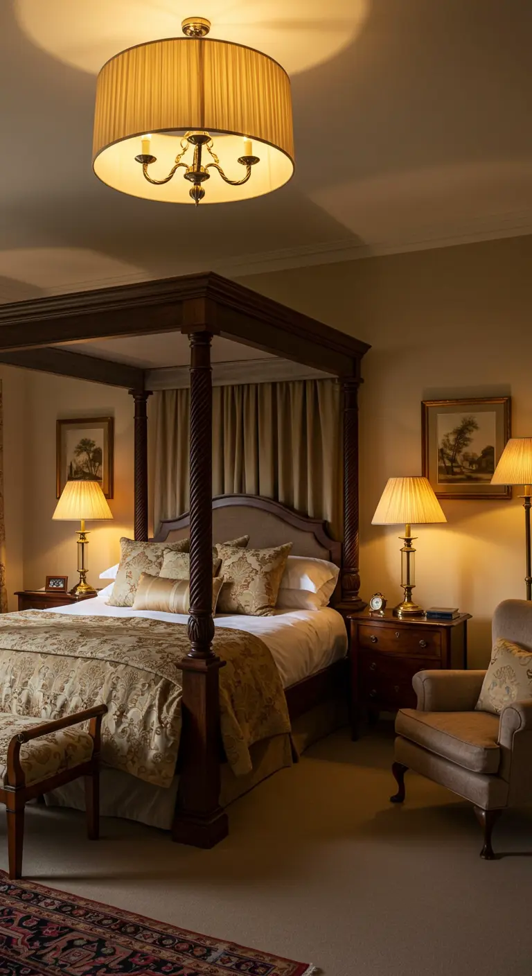 Traditionele slaapkamer met een donkerhouten hemelbed en bijpassende klassieke schemerlampen op nachtkastjes.