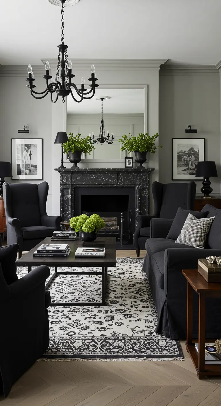 Elegante woonkamer met grijze muren, zwarte marmeren open haard en klassiek zwart-wit vloerkleed.