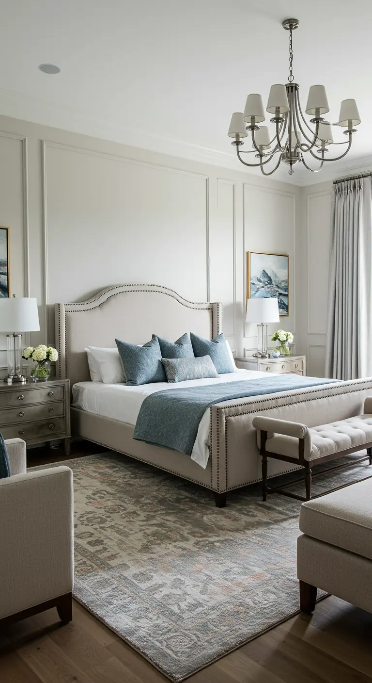Modern klassieke slaapkamer met grijs gestoffeerd bed, symmetrische opstelling en blauwe accenten.