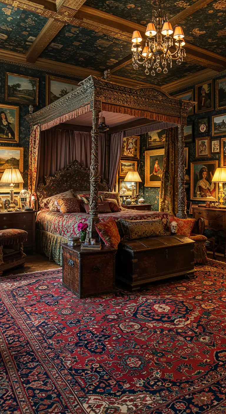 Klassieke slaapkamer met hemelbed, veel schilderijen en een groot Perzisch tapijt.