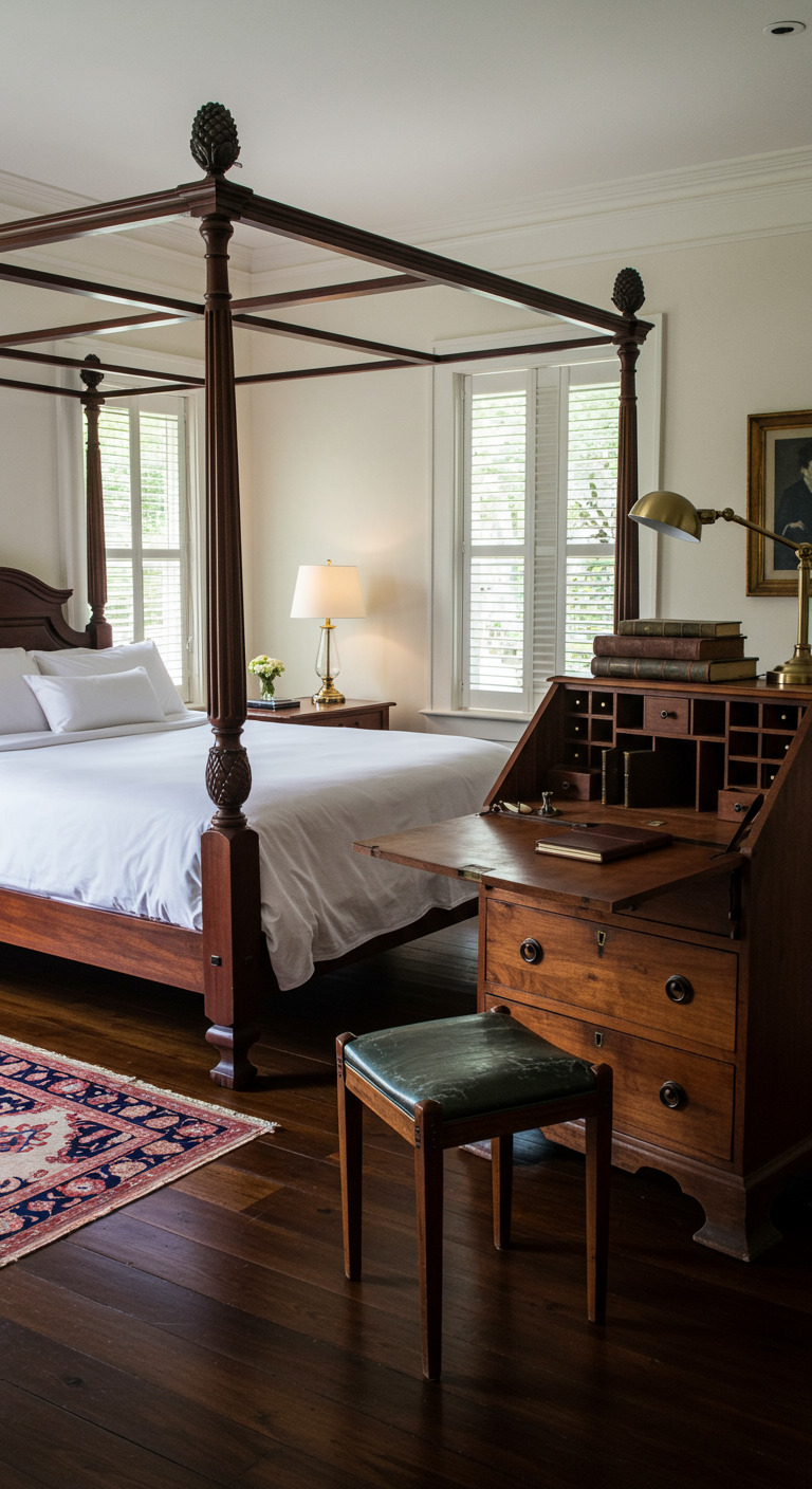 Klassieke slaapkamer met donkerhouten hemelbed en antieke secretaire.
