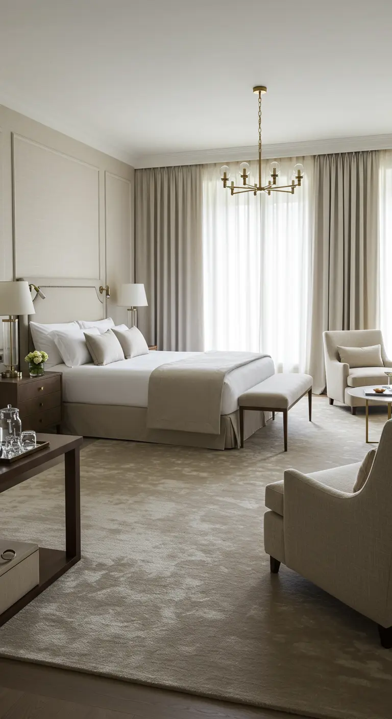 Elegante hotelstijl logeerkamer met neutrale kleuren, kamerhoge gordijnen en fauteuils.