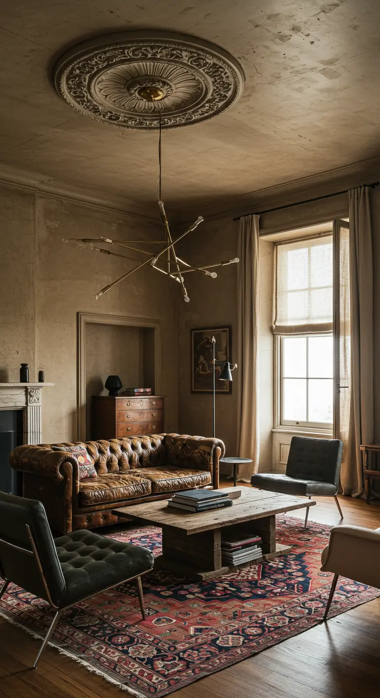 Woonkamer met lederen Chesterfield, rustieke tafel en Perzisch tapijt.