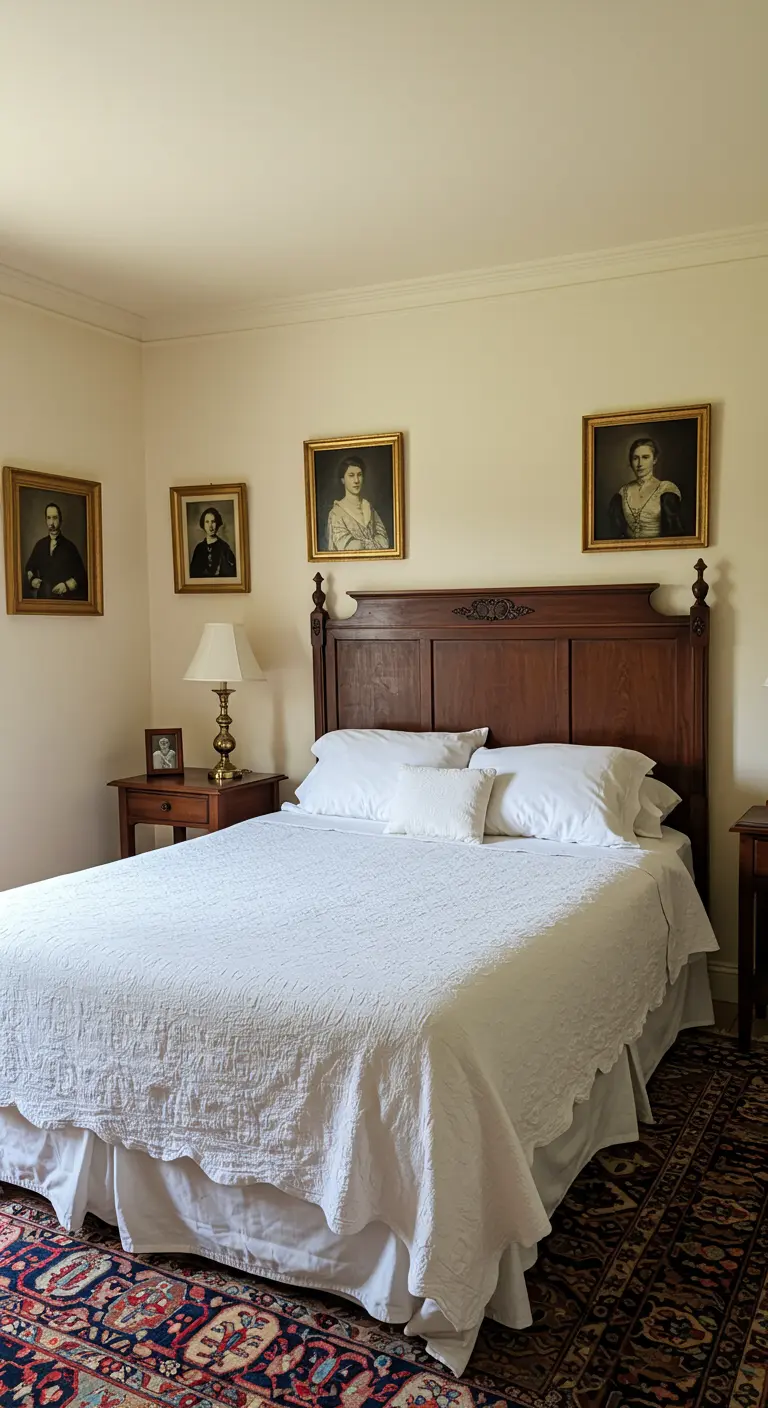 Klassieke slaapkamer met portretschilderijen en donkerhouten meubels.