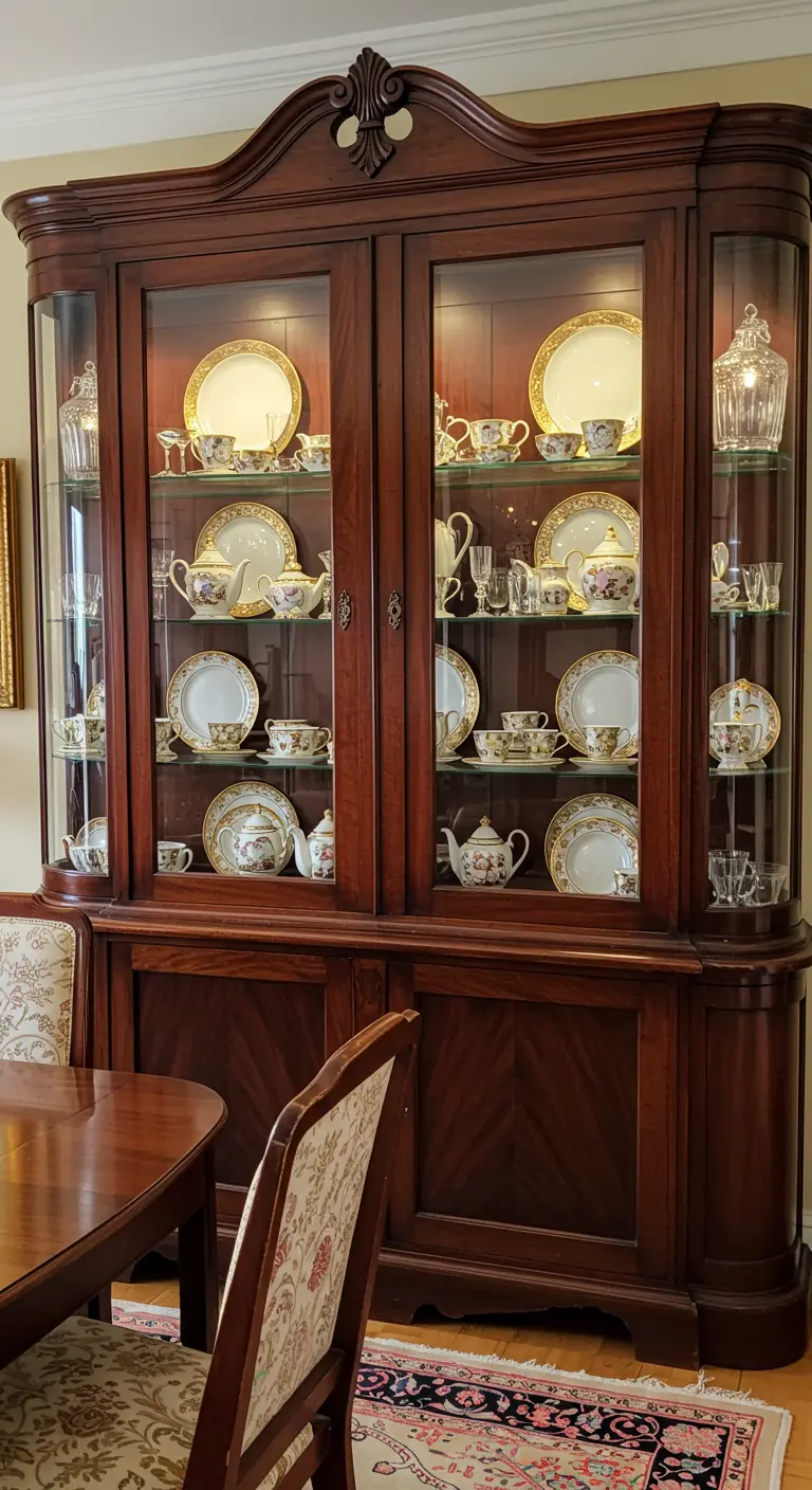 Klassieke donkerhouten vitrinekast gevuld met elegant porselein servies en glaswerk.