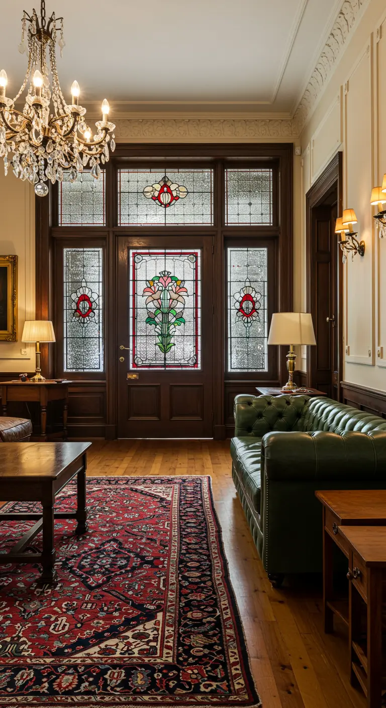 Klassieke houten voordeur en zijlichten met kleurrijk glas-in-lood in een statige hal.