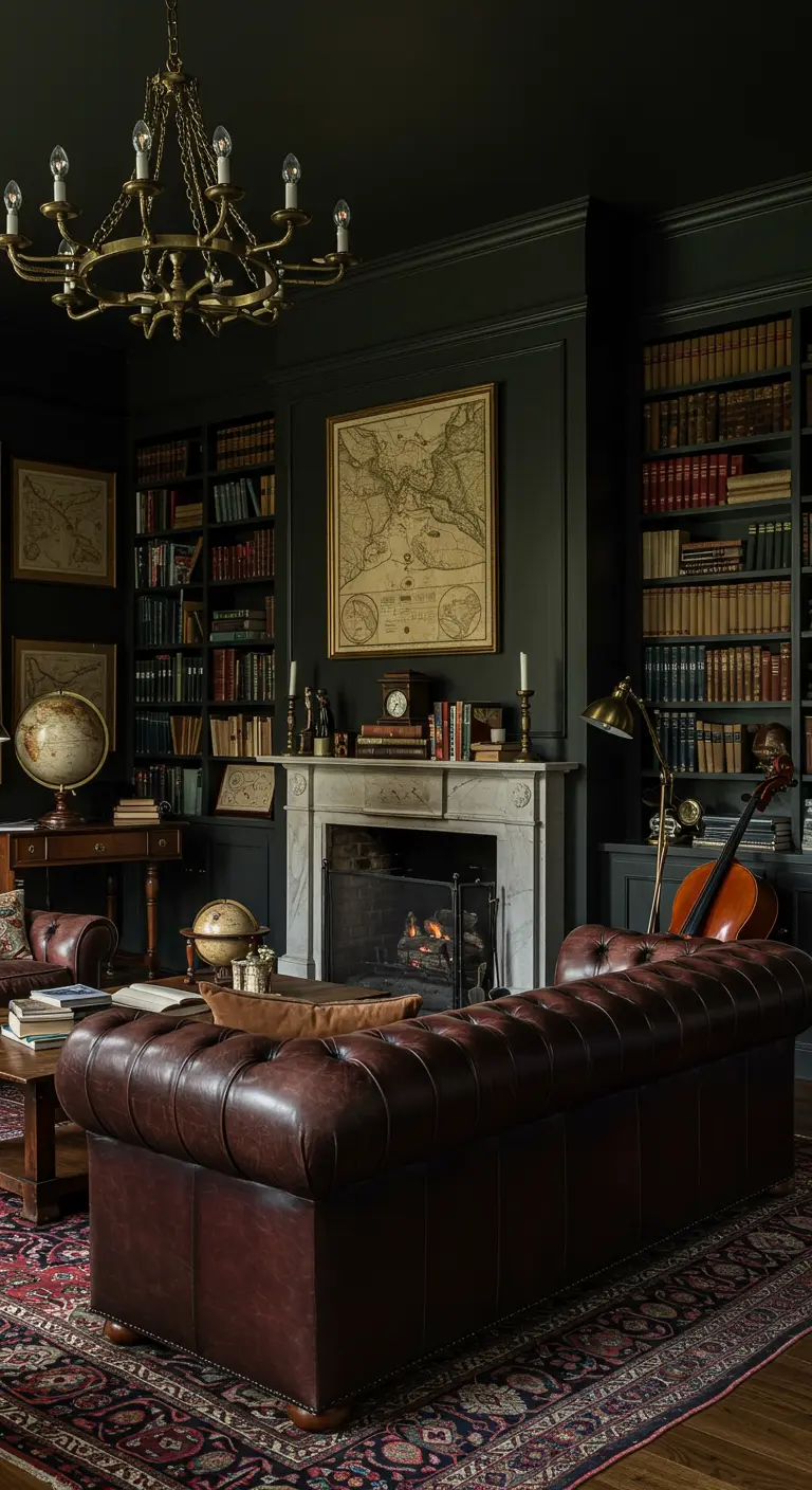 Donkere, klassieke studeerkamer met leren Chesterfield bank, boekenkasten en open haard.
