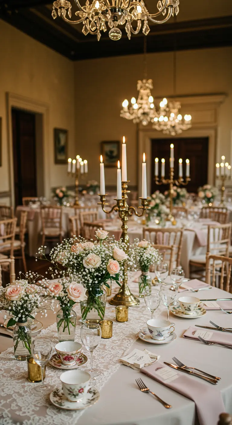 Elegante bruiloftstafel met vintage servies, roze bloemen en kandelaars.