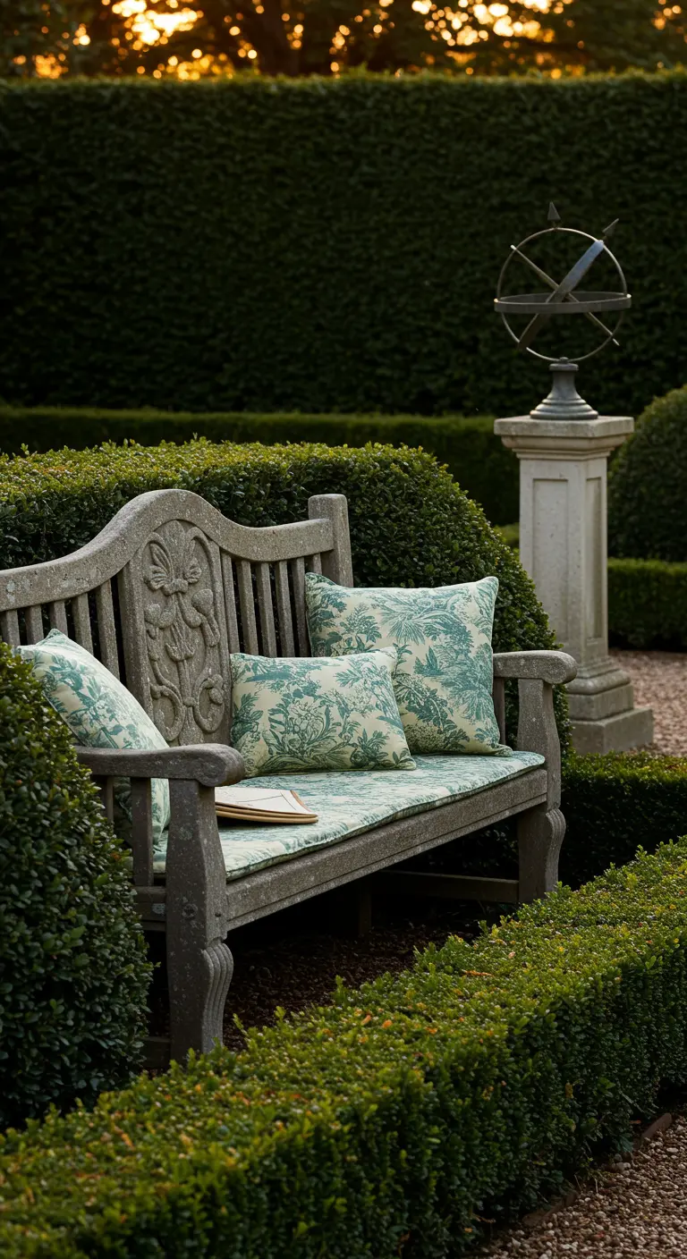 Stenen tuinbank met Toile de Jouy kussens in formele tuin met buxushagen.
