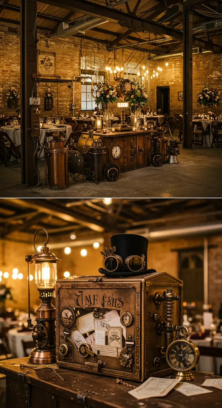 Steampunk-thema bruiloftsdecoratie met een 'Time Capsule' wensdoos, klokken en koperen details.
