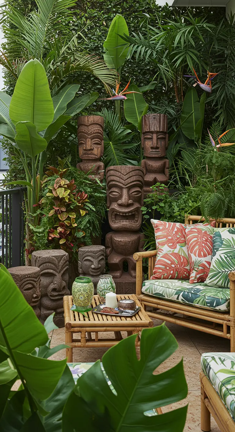 Tropisch terras met bamboe meubels, grote groene planten en diverse Tiki-beelden van steen.