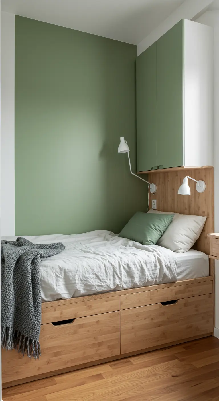 Kleine slaapkamer met saliegroene accentmuur, houten bed met opbergruimte, witte details.