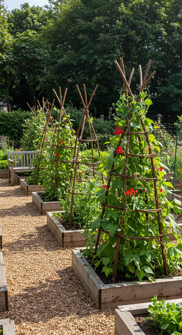 Moestuin met houten tipi-constructies waar klimplanten met rode bloemen tegenaan groeien.