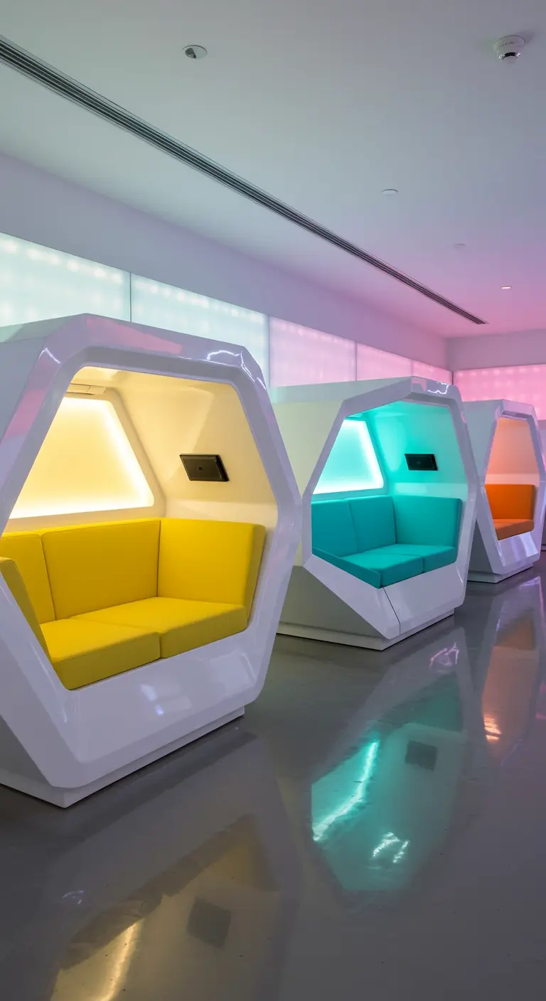 Drie zeshoekige witte zitpods met felgekleurde interieurs (geel, turquoise, oranje) en verlichting.
