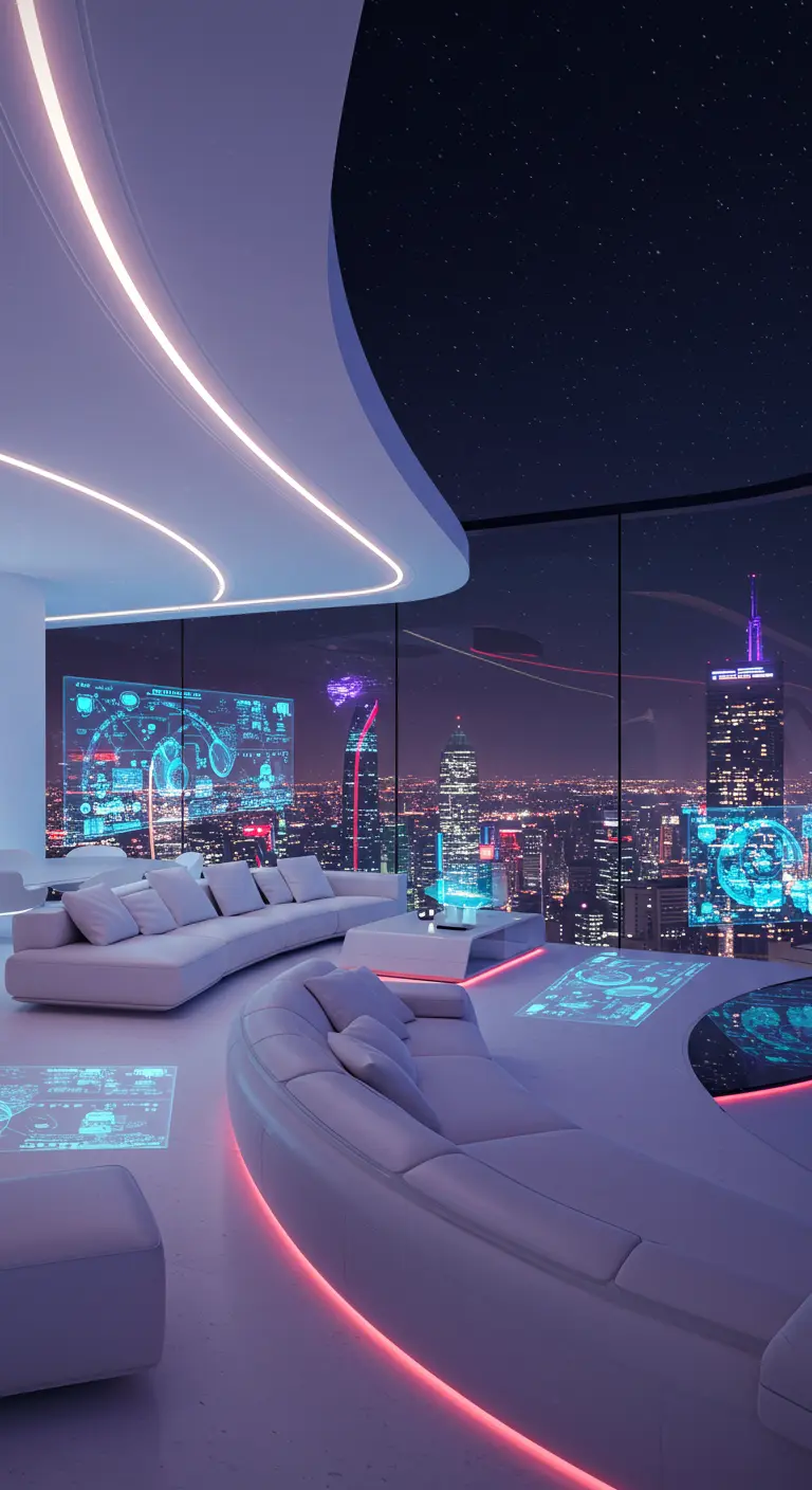Futuristische woonkamer met witte gebogen banken, LED-verlichting en uitzicht op een verlichte stad 's nachts.