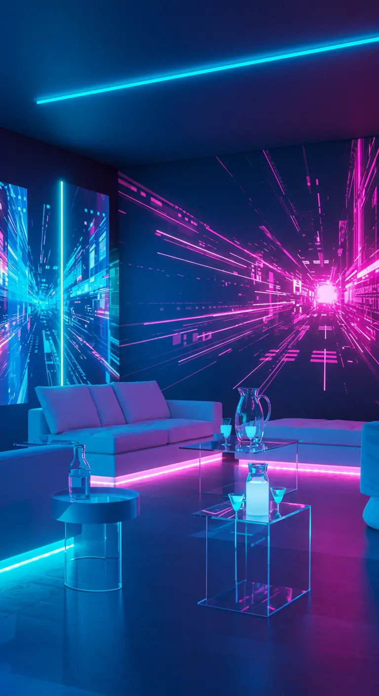 Woonkamer met futuristische cyberpunk sfeer, neon lichtlijnen en projecties.