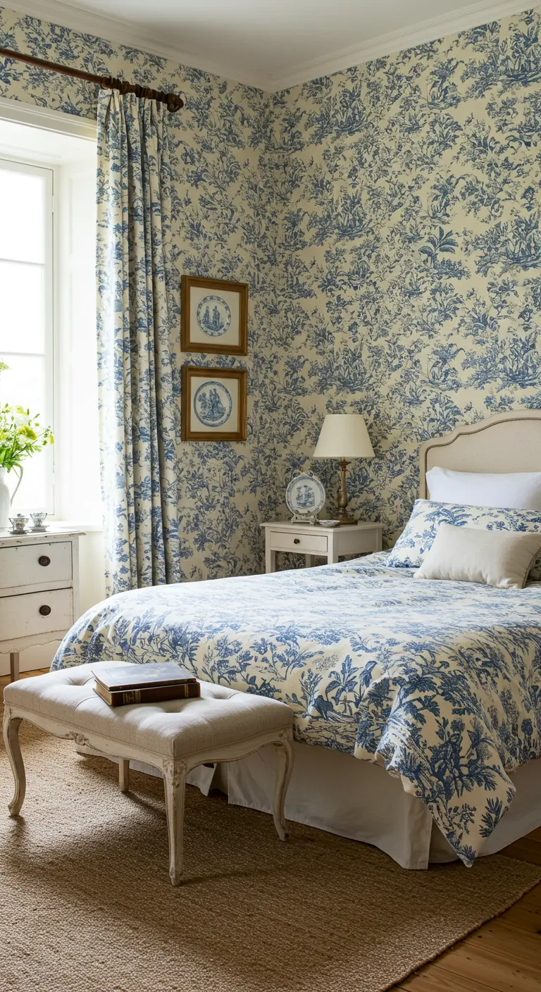 Slaapkamer met blauw-wit Toile de Jouy behang en beddengoed, en wit meubilair.