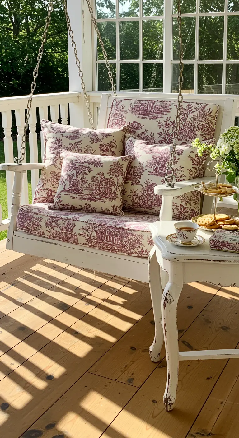 Witte schommelbank met rood Toile de Jouy kussens, antieke bijzettafel met theeservies en gebakjes.