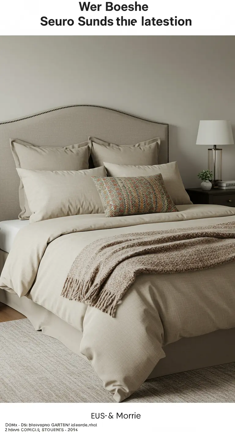 Bed met gelaagd beige beddengoed in verschillende texturen, inclusief een plaid en sierkussen.