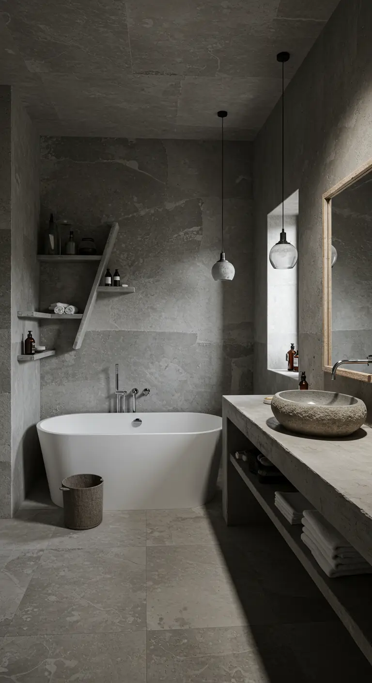 Moderne wabi-sabi badkamer in grijstinten, met stenen waskom, vrijstaand bad en hanglampen.