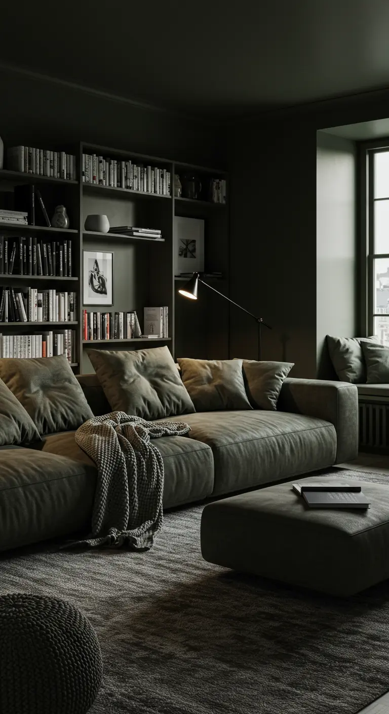 Donkergroene woonkamer met ton-sur-ton bank, boekenkasten en zachte texturen.