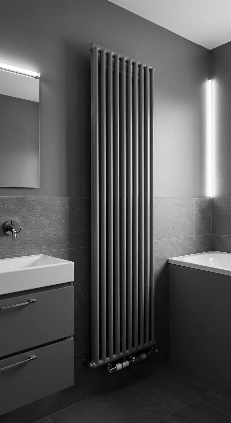 Grijze verticale radiator in een moderne, donkergrijze badkamer met bijpassend badmeubel.