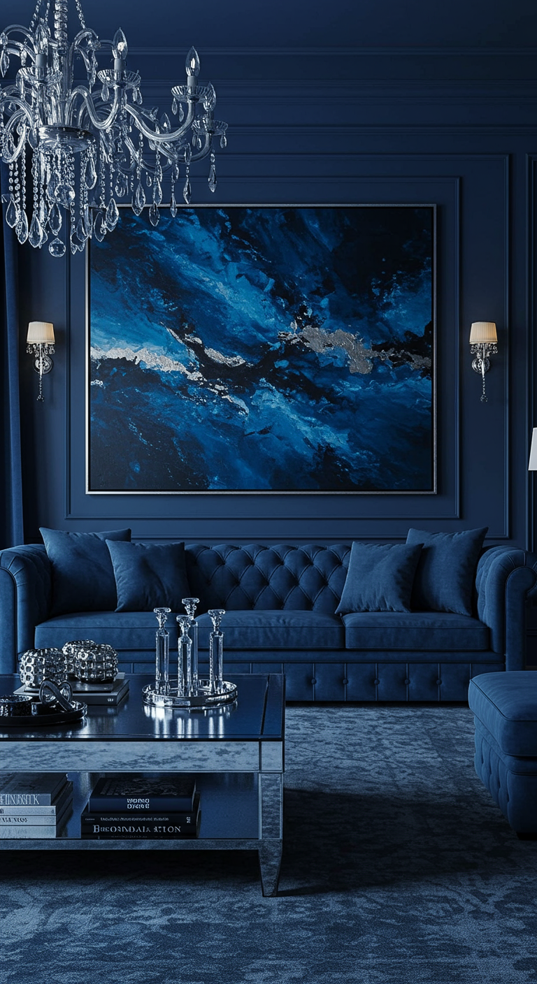 Luxueuze, donkerblauwe woonkamer met een groot abstract blauw schilderij en blauwe velours bank.