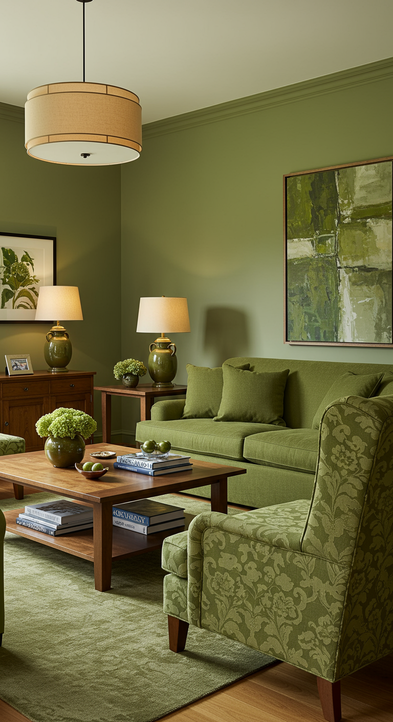 Traditionele woonkamer met diverse olijfgroene meubels en accessoires.