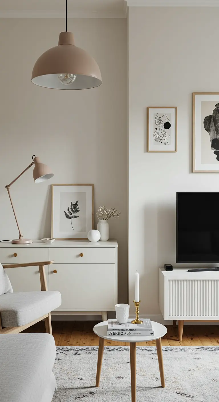 Lichte woonkamer met crèmekleurige muren, wit dressoir en zachtroze accenten.