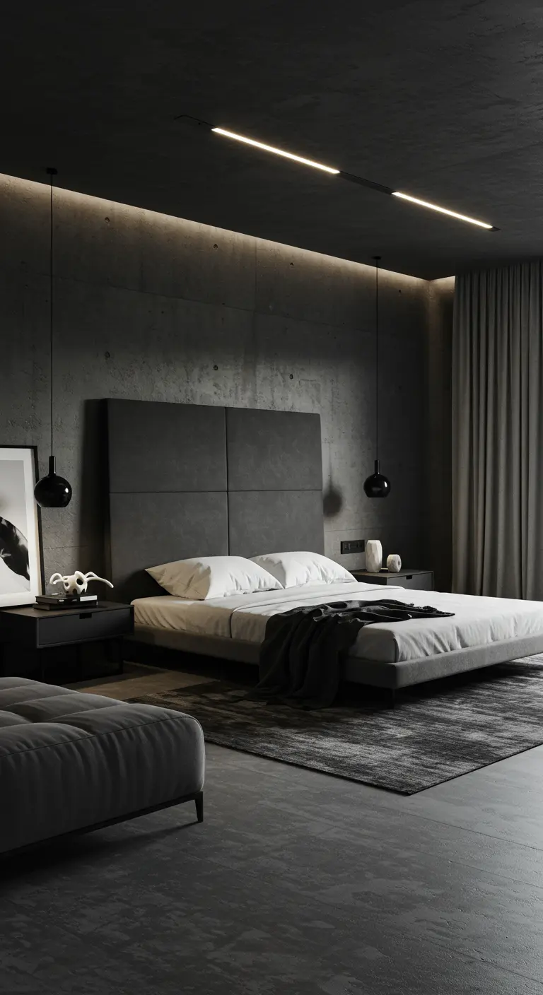 Monochroom donkergrijze slaapkamer met modern bed en ingebouwde ledlijnen.