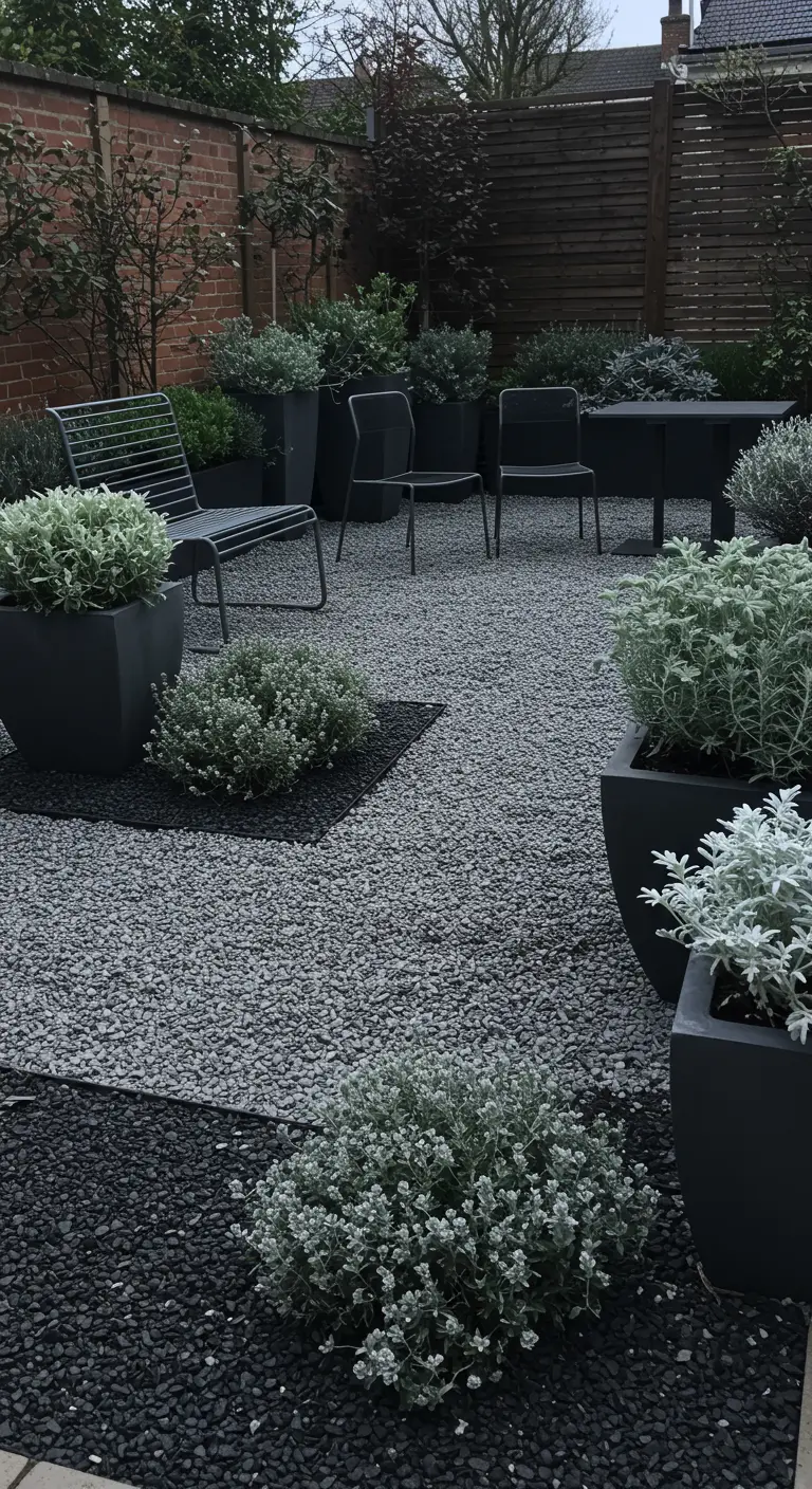 Moderne tuin met verschillende tinten grijs grind, donkere plantenbakken met zilverbladige planten.