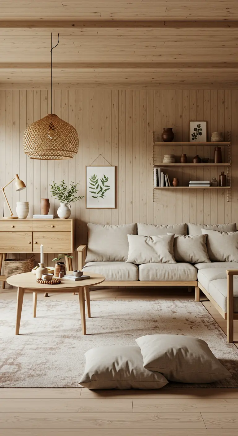 Scandinavische woonkamer met houten wandpanelen, beige bank en natuurlijke materialen.