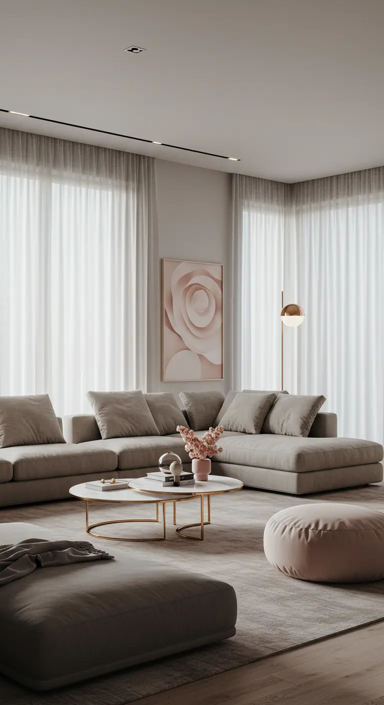 Moderne woonkamer met grijze sectionaalbank, lichtroze poef en abstract roze kunstwerk.